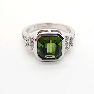 Buy 9kt White Gold Tube Set Cushion Cut Tourmaline And Diamond Ring Online in Galway