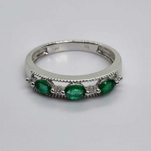 Buy 18kt White Gold East West set Oval Cut Emerald and Round Brilliant cut Diamond Vintage Inspired Ring in Galway