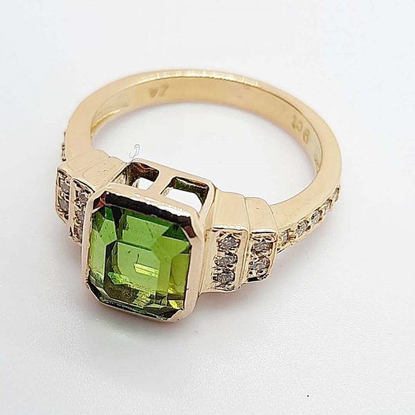 Buy 9kt Yellow Gold Tube set cushion cut Tourmaline and Diamond ring Online in Galway