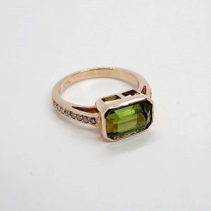 9kt Yellow Gold East West set emerald cut Tourmaline and Diamonds ring at Discounted Price