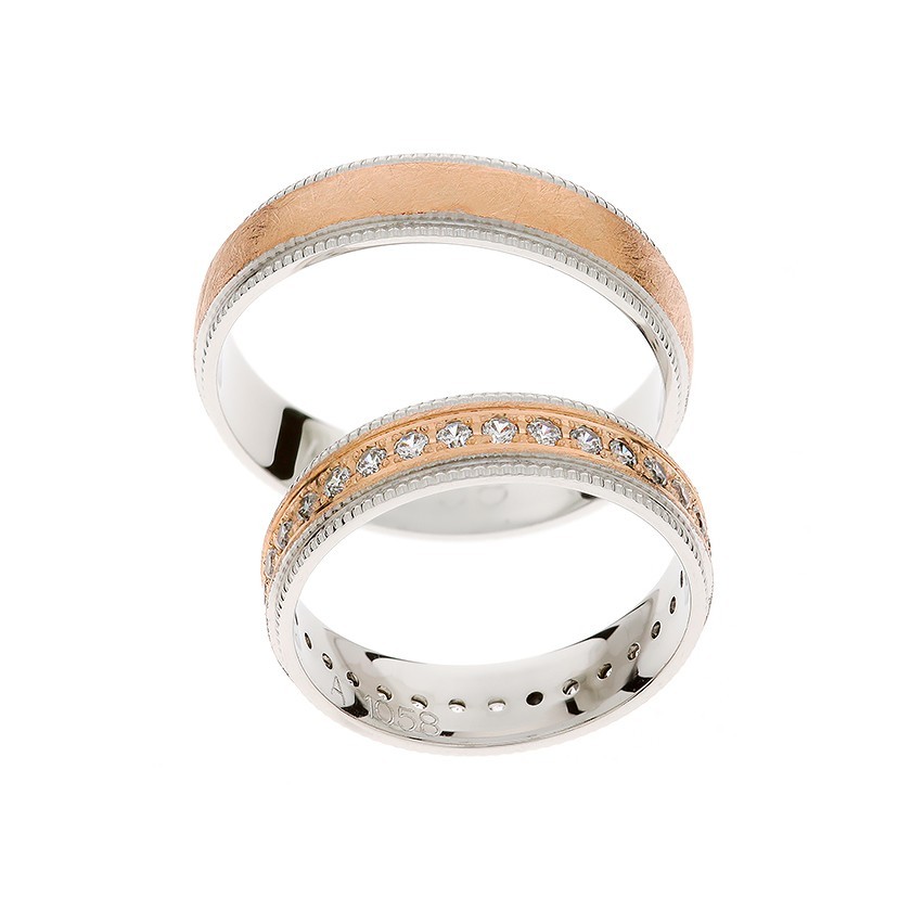 White Gold Matching Bands with Rose Gold Accents and Diamonds: Timeless Elegance