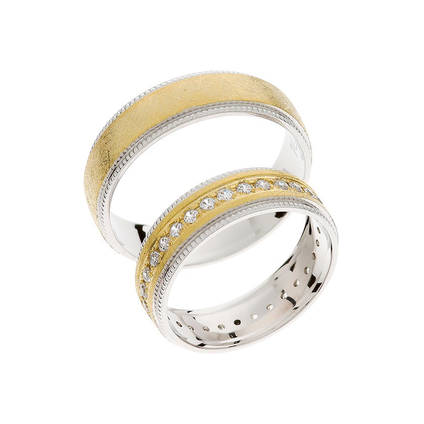 White Gold Matching Bands with Gold Accents and Diamonds: Timeless Elegance