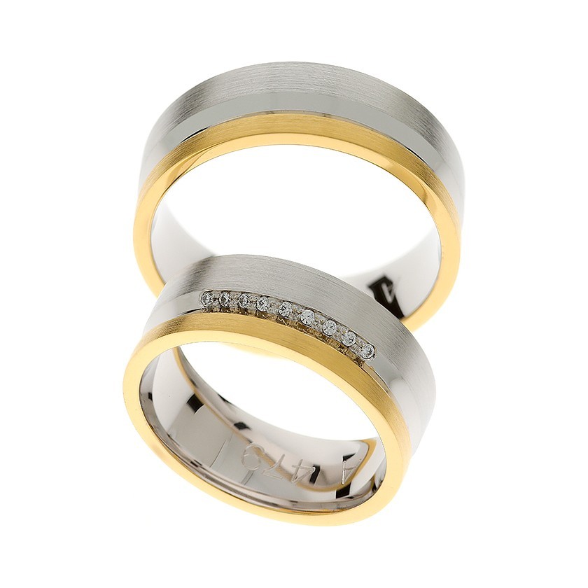 Plain White Gold Matching Bands with Gold Edge and Diamonds: Timeless Elegance
