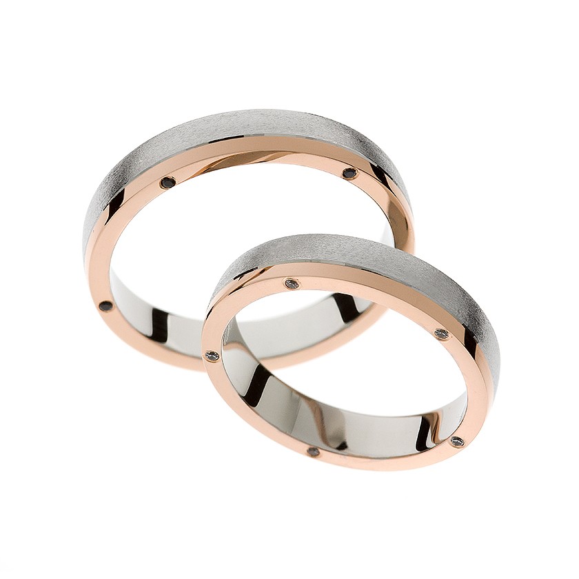 White Gold Matching Bands with Rose Gold Stripe: Elegant Contrast