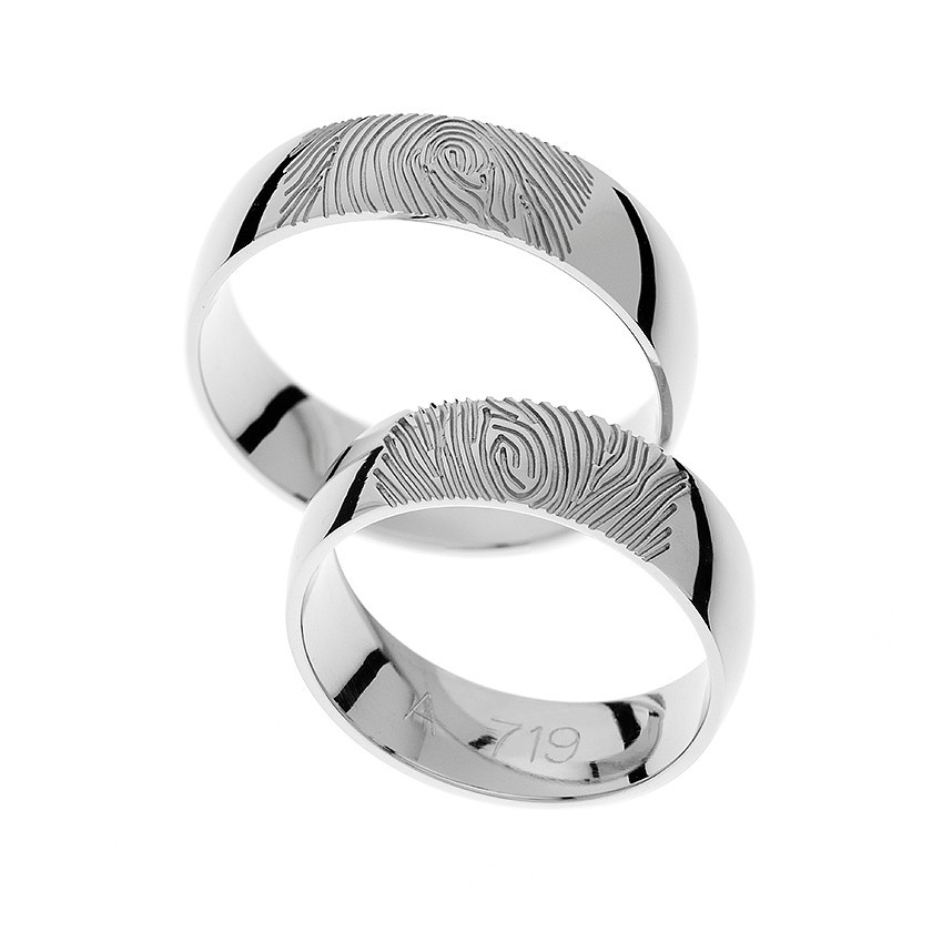 Plain White Gold Matching Bands with Finger Print Pattern Engraved: Unique Symbolism