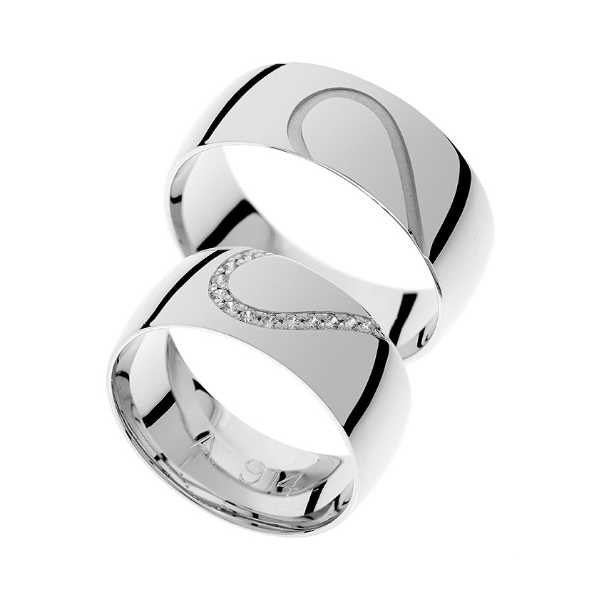 Thick White Gold Matching Bands with Half Hearts Engraved: Symbol of Unity