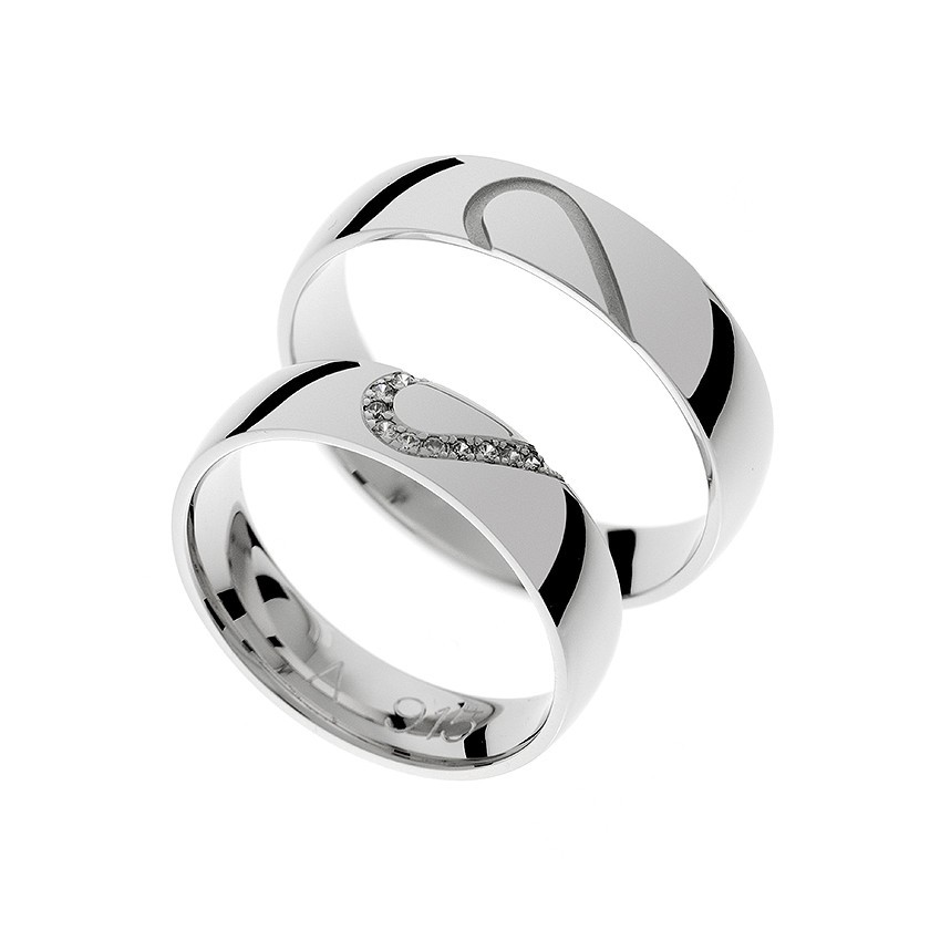 White Gold Matching Bands with Half Hearts Engraved and Diamonds: Symbolic Unity