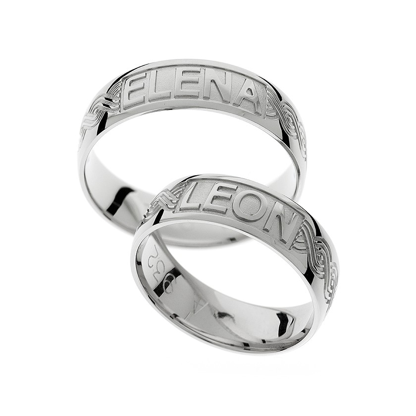 Plain White Gold Matching Bands with Elegantly Engraved Names: Personalized Symbolism