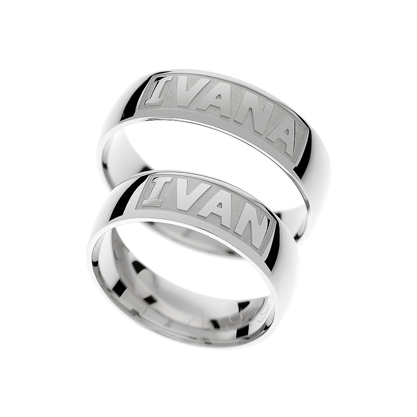 Plain White Gold Matching Bands with Elegantly Engraved Names: Personalized Symbolism