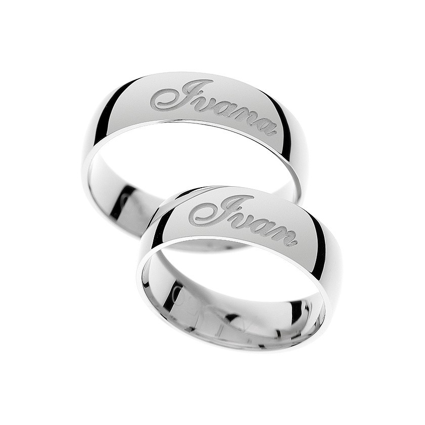 White Gold Matching Bands with Elegantly Engraved Names: Personalized Symbolism