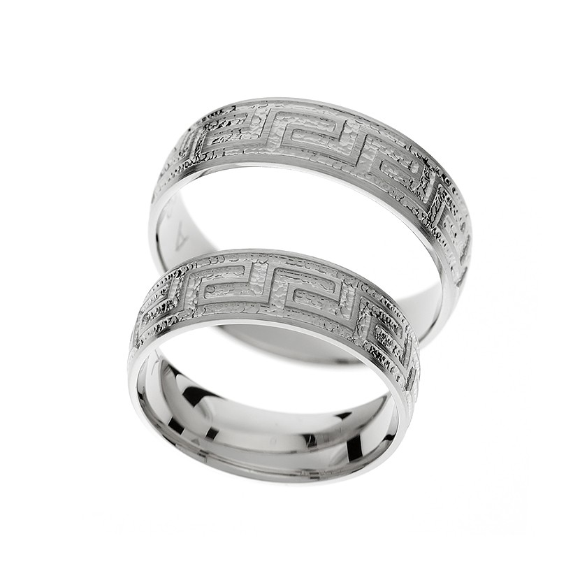White Gold Matching Bands with Intricate Pattern Engraving: Timeless Elegance