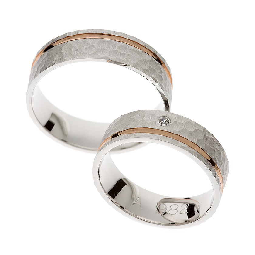 Textured White Gold Matching Bands with Rose Gold Line and Diamond Accent: Elegant Contrast