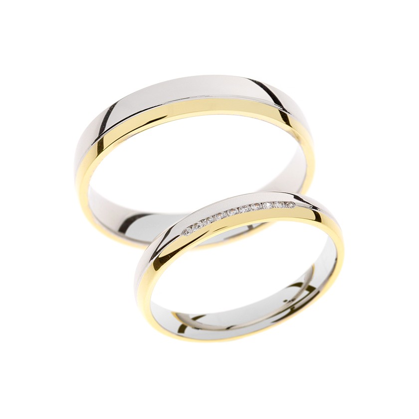 Plain White Gold Matching Bands with Gold Edge and Diamonds: Timeless Elegance