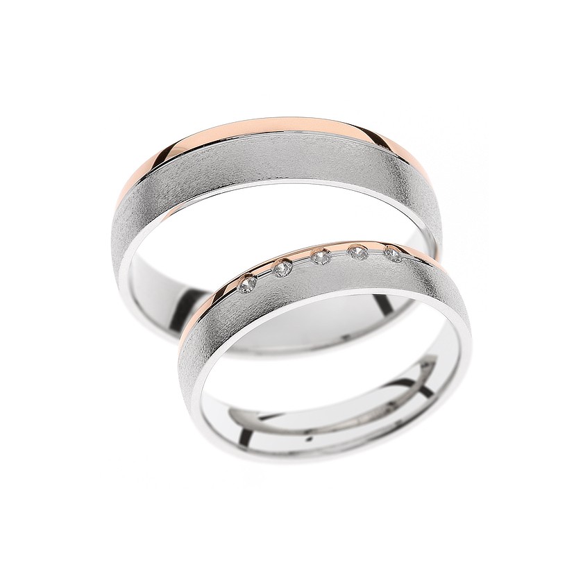 White Gold Matching Bands with Rose Gold Trim and Diamonds: Timeless Elegance