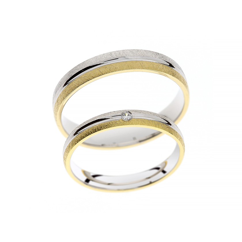 Plain White Gold Matching Bands with Gold Edge and Diamond: Timeless Elegance
