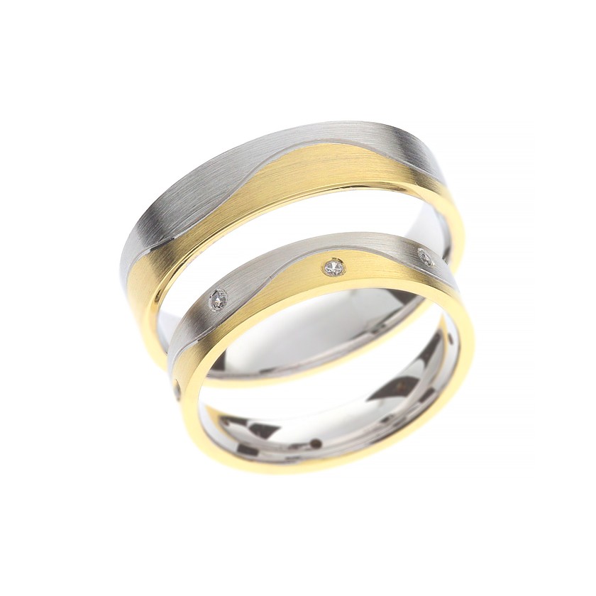 Half Gold and Half White Gold Curved Pattern Matching Bands with Diamonds: Unique Elegance