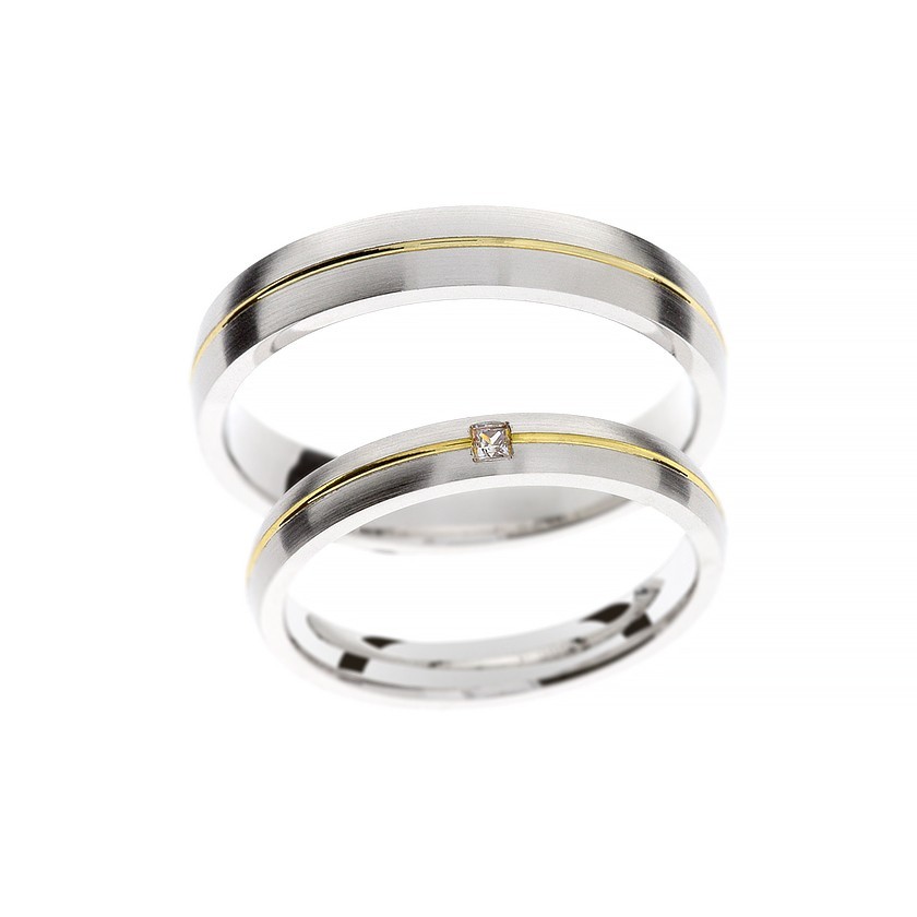 White Gold Matching Bands with Gold Center Line and Diamond Accent: Elegant Contrast