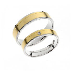 Gold Matching Bands with White Gold Interior, Line Detail, and Diamond Accent