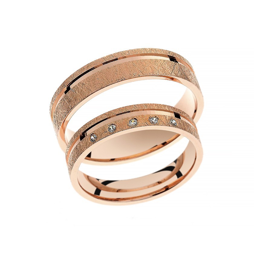 Textured Rose Gold Matching Bands with White Gold Interior, Line Detail, and Diamond Accents