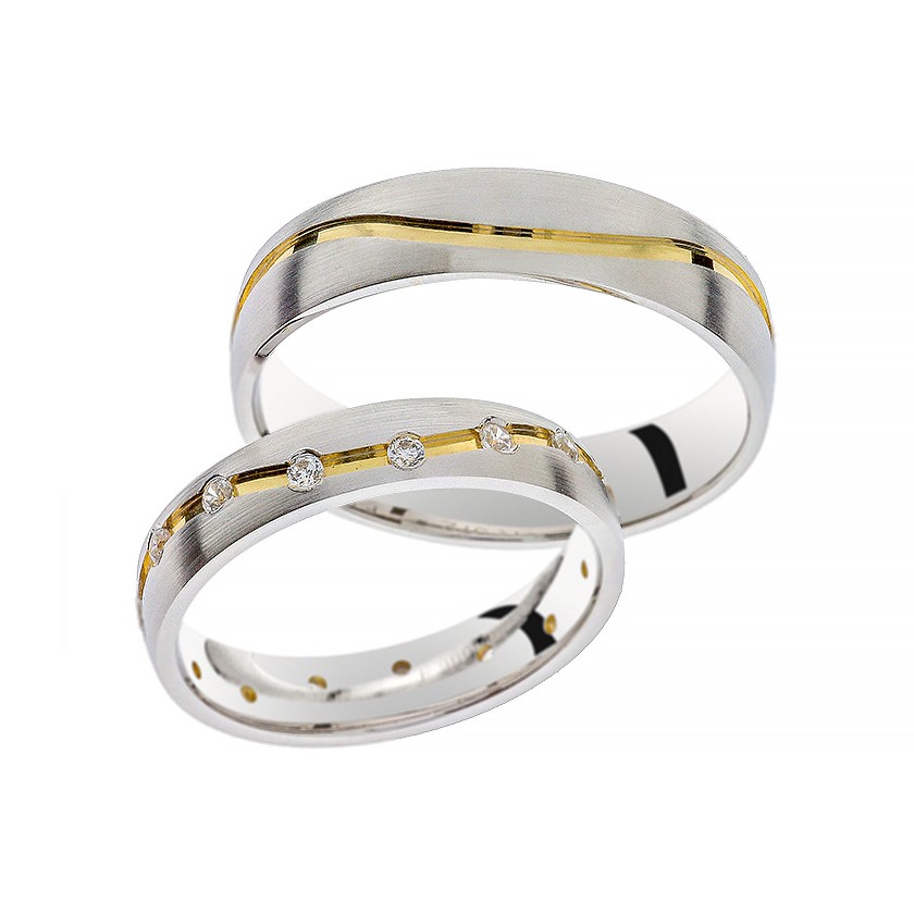 White Gold Matching Bands with Gold Line and Diamonds: Elegant Unity