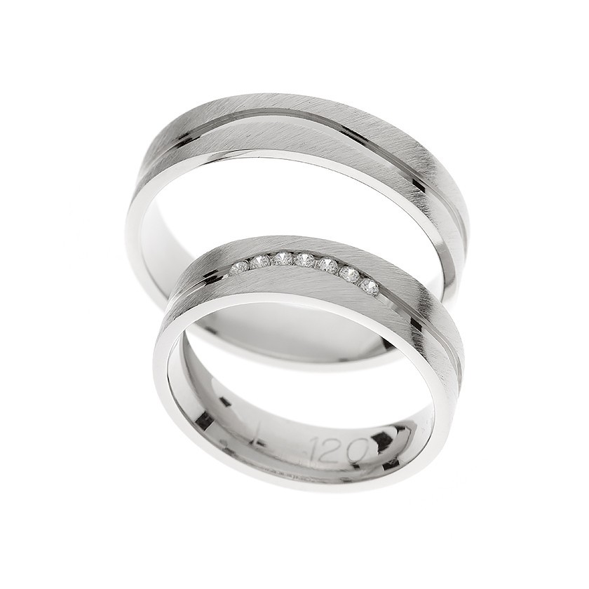 Plain White Gold Matching Bands with Engraved Curved Line and Diamonds: Elegant Sophistication