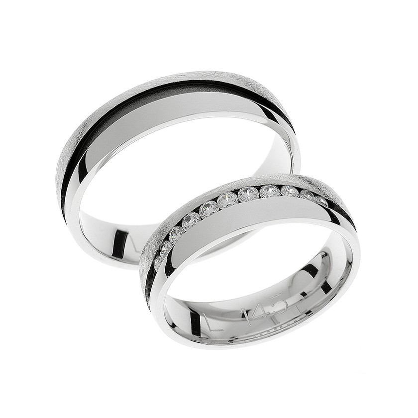 Plain White Gold Matching Bands with Engraved Curved Line and Diamonds: Elegant Sophistication