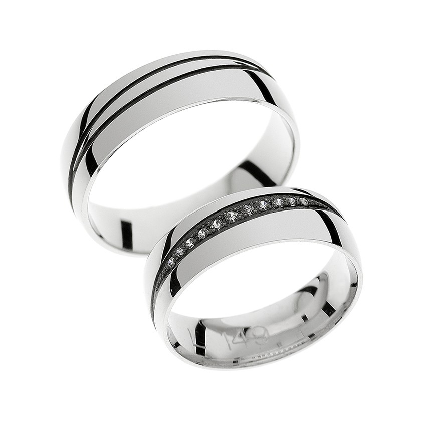 Plain White Gold Matching Bands with Engraved Curved Line and Diamonds: Elegant Sophistication