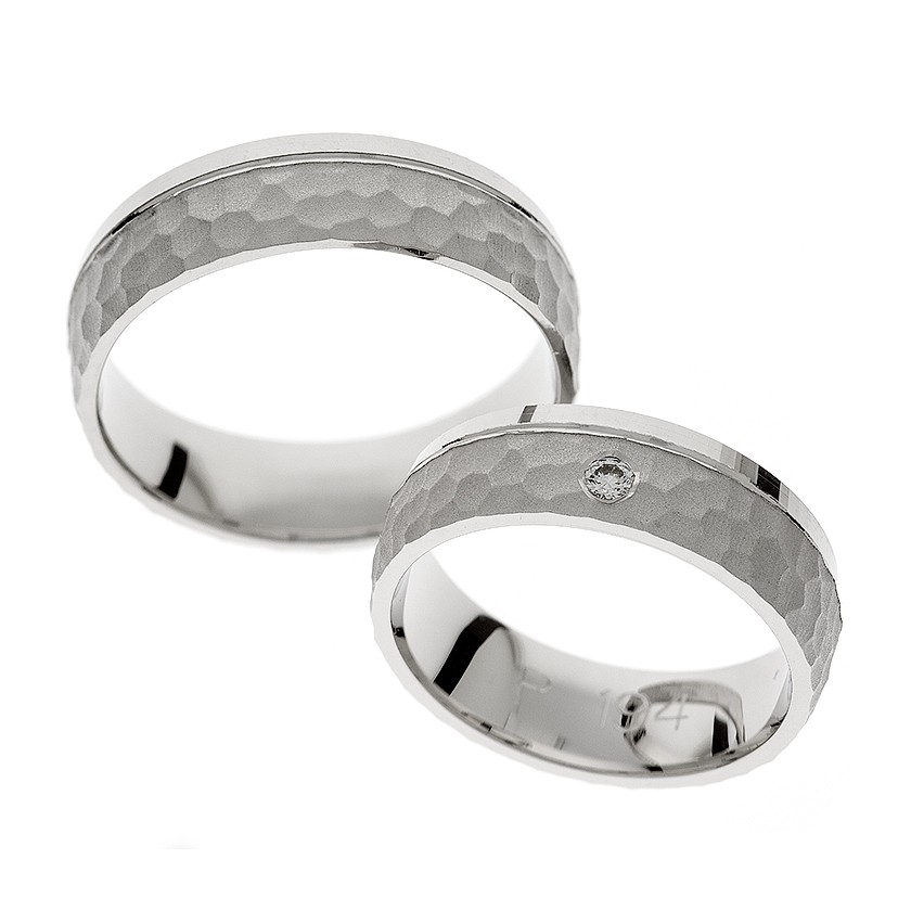 Textured White Gold Matching Bands with Diamond Accent: Timeless Elegance