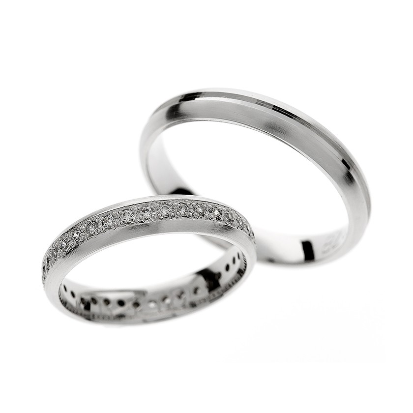 White Gold Plain Matching Bands with Diamonds: Simple Elegance