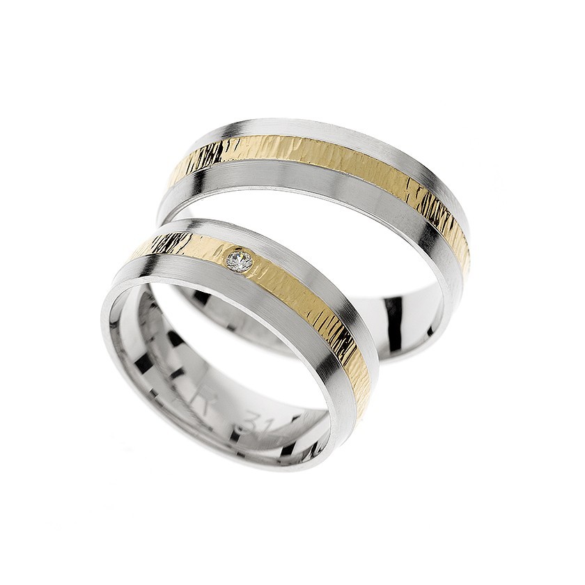 White Gold Matching Bands with Textured Gold Stripe and Diamond Accent: Timeless Elegance