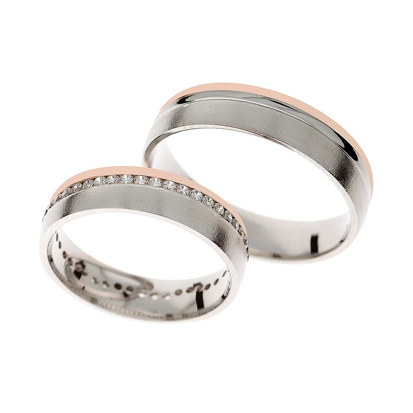 White Gold Matching Bands with Rose Gold Trim and Diamonds: Timeless Elegance