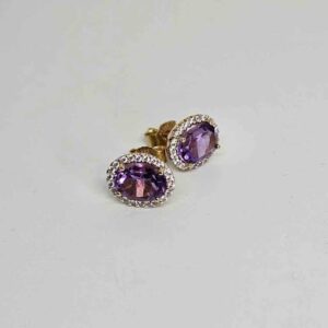 9kt Yellow Gold Earrings with Oval Cut Amethysts and Round Brilliant Cut Diamonds
