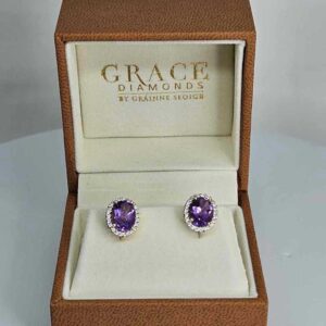 9kt Yellow Gold Earrings with Oval Cut Amethysts and Round Brilliant Cut Diamonds