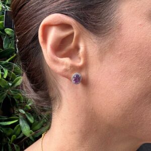 9kt Yellow Gold Earrings with Oval Cut Amethysts and Round Brilliant Cut Diamonds