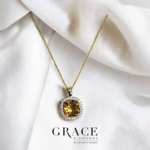 9kt Yellow Gold Halo Pendant with 8x8mm Round Cut Citrine and Diamond Halo