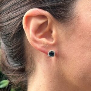 9kt Yellow Gold Earrings with Cushion Cut London Blue Topaz and Diamond Halo