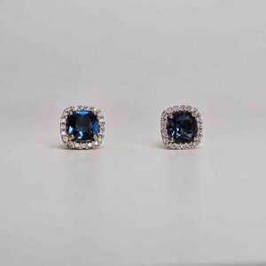 9kt Yellow Gold Earrings with Cushion Cut London Blue Topaz and Diamond Halo