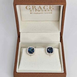 9kt Yellow Gold Earrings with Cushion Cut London Blue Topaz and Diamond Halo