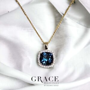 9kt Yellow Gold Halo Pendant with 8x8mm Cushion Cut London Blue Topaz and 0.14ct Diamond Halo
