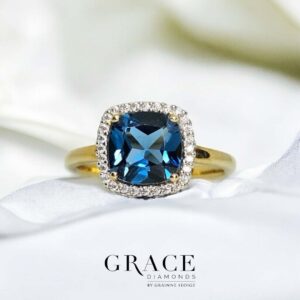 9kt Yellow Gold Halo Ring with 8x8mm Cushion Cut London Blue Topaz and 0.14ct Diamond Halo