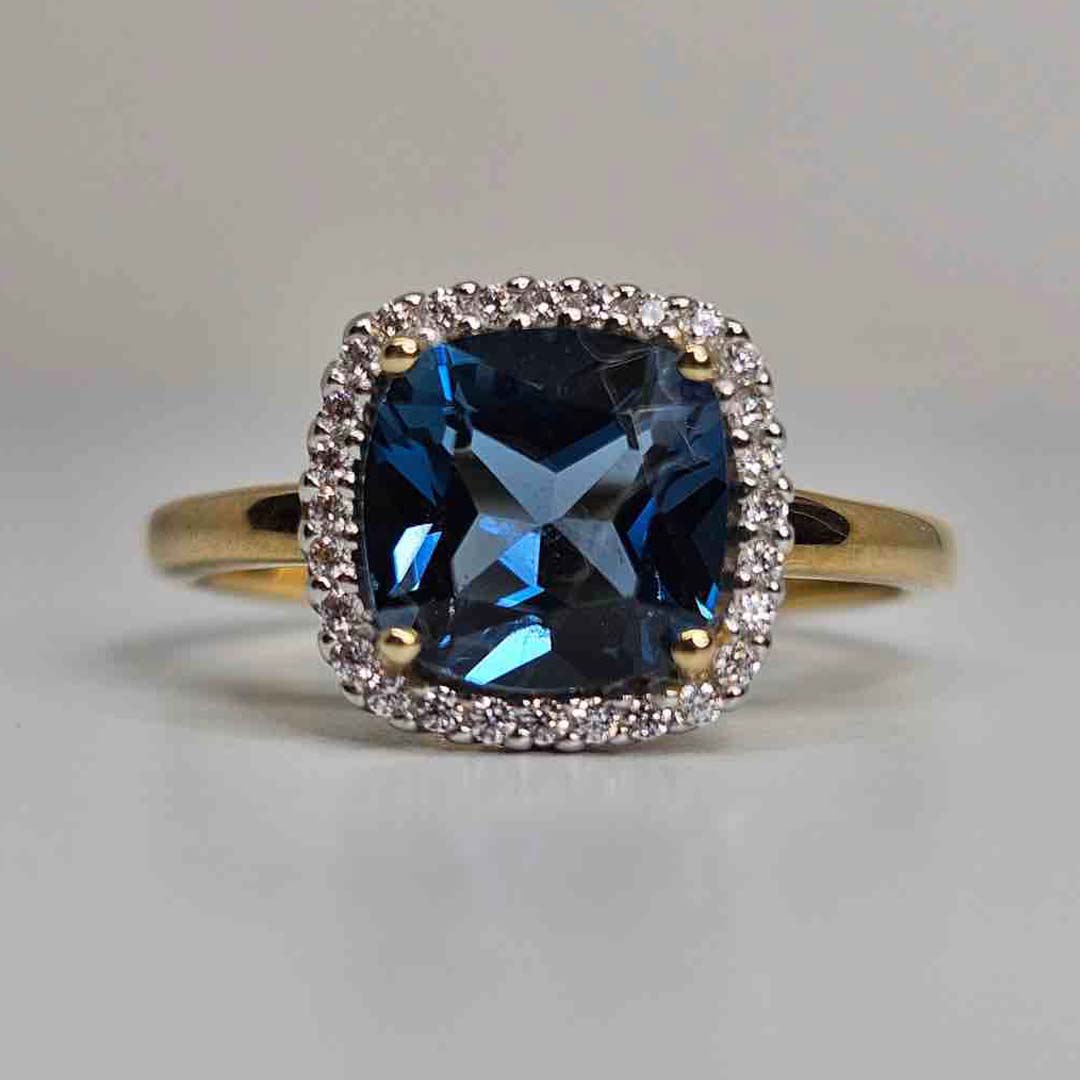 9kt Yellow Gold Halo Ring with 8x8mm Cushion Cut London Blue Topaz and 0.14ct Diamond Halo