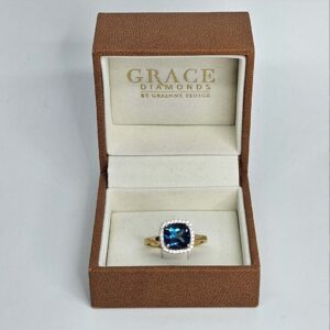 9kt Yellow Gold Halo Ring with 8x8mm Cushion Cut London Blue Topaz and 0.14ct Diamond Halo