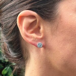 9kt White Gold Earrings with 6x6mm Round Cut London Blue Topaz and 0.20ct H Colour SI Clarity Round Brilliant Cut Diamond Halo