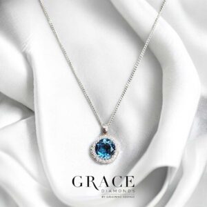 9kt White Gold Halo Pendant with 8x8mm Round Cut London Blue Topaz and 0.14ct H Colour SI Clarity Round Brilliant Cut Diamond Halo