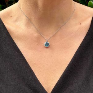 9kt White Gold Halo Pendant with 8x8mm Round Cut London Blue Topaz and 0.14ct H Colour SI Clarity Round Brilliant Cut Diamond Halo