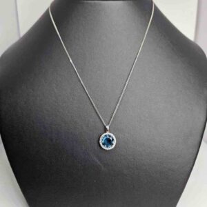 9kt White Gold Halo Pendant with 8x8mm Round Cut London Blue Topaz and 0.14ct H Colour SI Clarity Round Brilliant Cut Diamond Halo