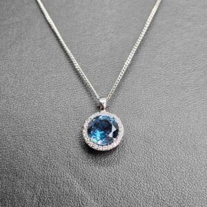 9kt White Gold Halo Pendant with 8x8mm Round Cut London Blue Topaz and 0.14ct H Colour SI Clarity Round Brilliant Cut Diamond Halo