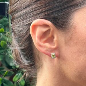 9kt Yellow Gold Earrings with Emerald Cut Peridots and Diamond Halo