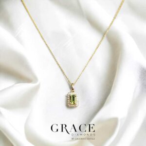 9kt Yellow Gold Pendant with Emerald Cut Peridot and Diamond Halo