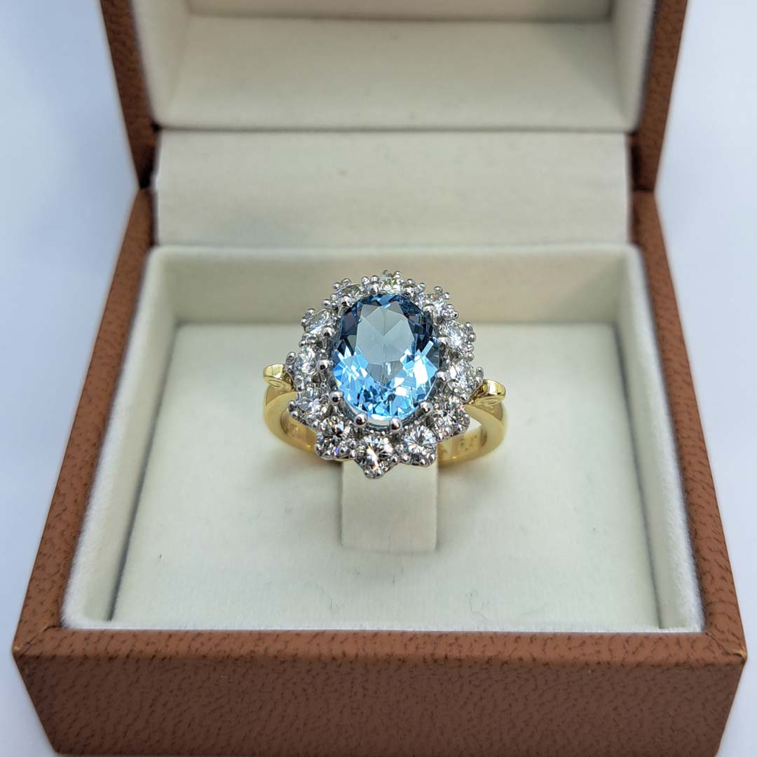 Platinum and 18kt Yellow Gold Ring with Round Cut Aquamarine and Diamond Halo